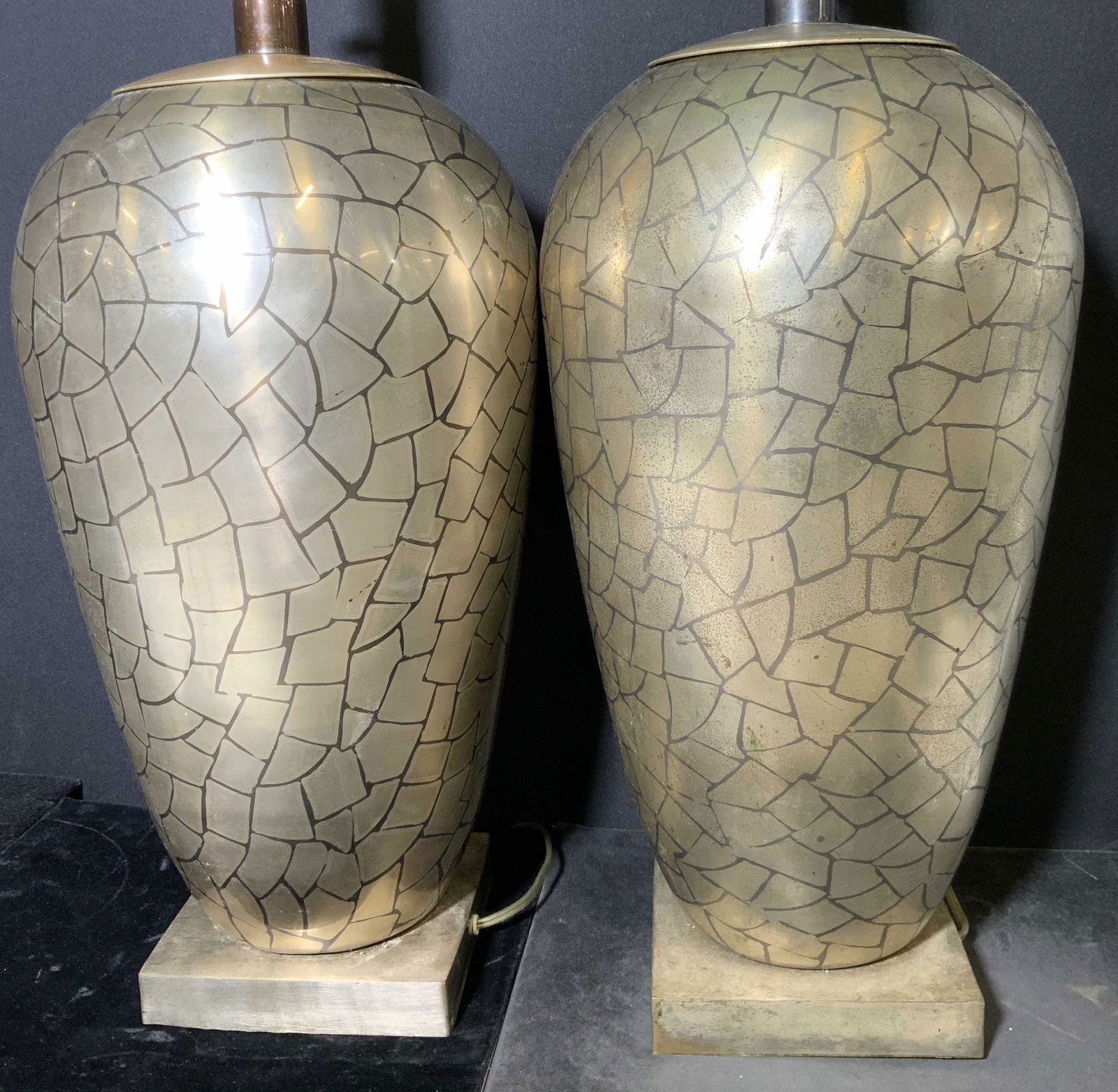 Pair Tabletop Mosaic Style Brass Lamps (1 of 9)