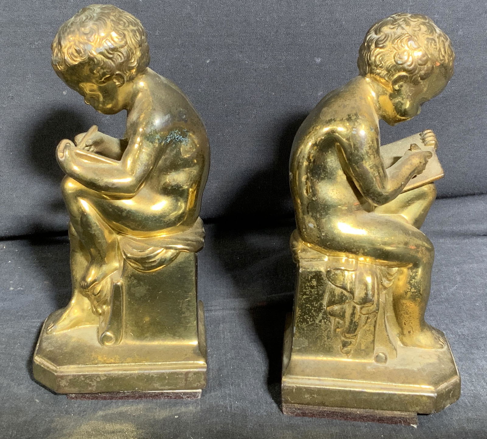 Cast Metal Gold Toned Reading Boys Bookends (1 of 7)
