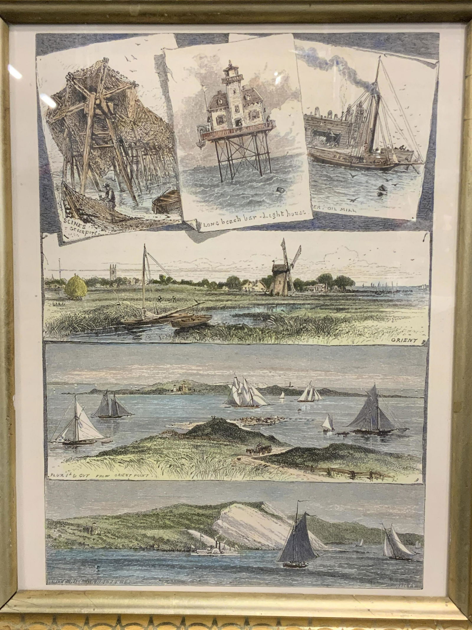HARLEY Long Beach Lighthouse Colored Engraving: HARLEY Long Beach Lighthouse Colored Engraving, artist name to lower right reads HARLEY, subject a collage of views of different water and farm scenes, measures 13 x 15 1/4 inches, brown toned frame,
