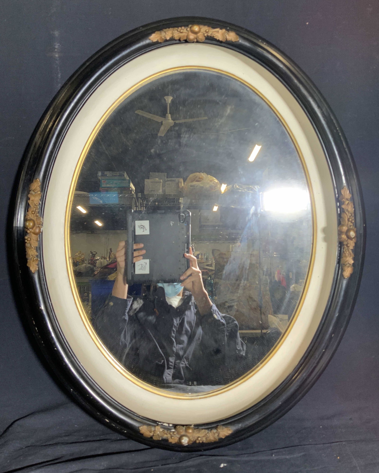 Antique Style Black Mirror with Floral Accents: Antique Style Black Mirror with Floral Accents, measures approx 28 x 24 inches wear consistent with age and use. Mirrors, home decor, decorative mirrors, wall decor, bedroom decor, bathroom decor, van