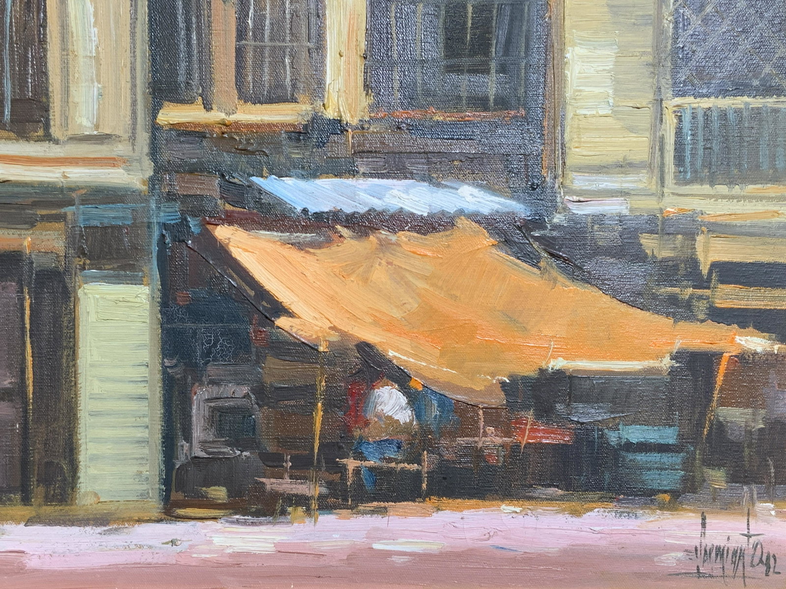 Signed Oil on Canvas of Cafe Front: Signed Oil on Canvas of Cafe Front, signature to lower right illegible, verso possibly reads Artist Jane, shows a store front with a customer seated under a shaded outside eating area, measures 17 1/2