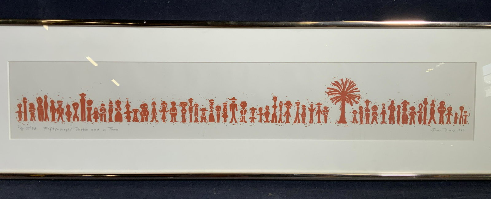1960 JOAN DREW Signed 58 People Serigraph: 1960 JOAN DREW Signed 58 People Serigraph! Signature to lower right reads JOAN DREW 1960, Inscriptions to lower left read 41/55 3RD EDITIONâ€¦ Fifty Eight People and a Tree, shows 58 people lined 