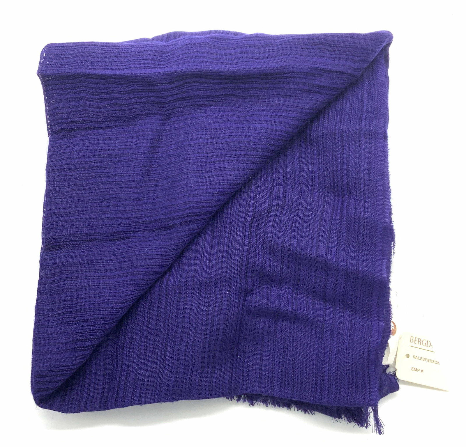 DENIS COLOMB Hand Woven Silk & Cashmere Scarf: A Royal purple toned threaded scarf with fringe marked Denis Colomb & 70% silk + 30% cashmere, hand woven in Nepal. Possibly never used. Property of Manhattan, New York Estate of D. Winston, matchmake