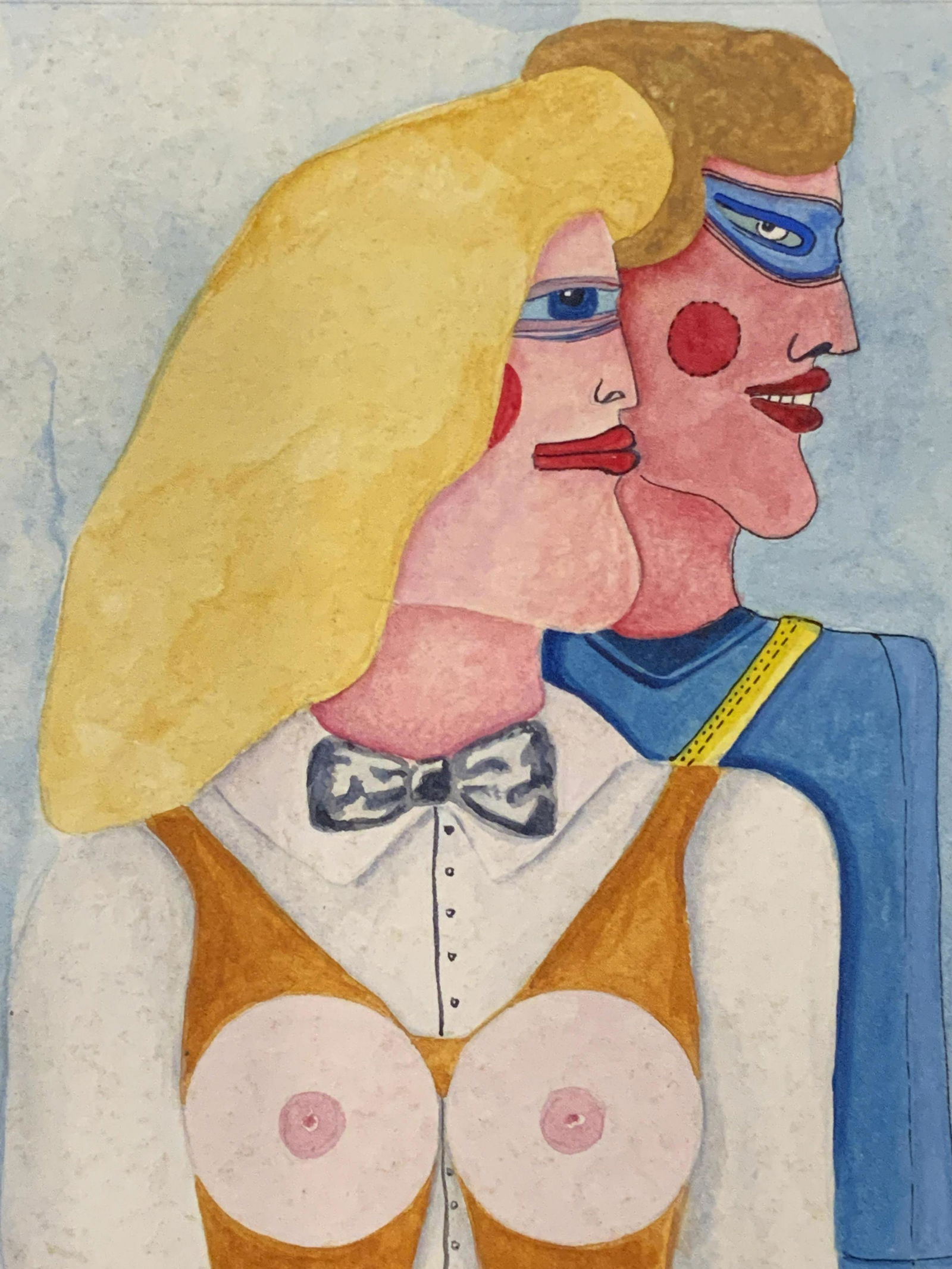 ATTR Richard Lindner Watercolor of Couple: ATTR Richard Lindner Watercolor of Couple, in the style of Richard Lindner, no apparent signatures, shows a couple in profile, the womans breast are exposed to the viewer, measures 8 1/2 x 8 1/2 inche