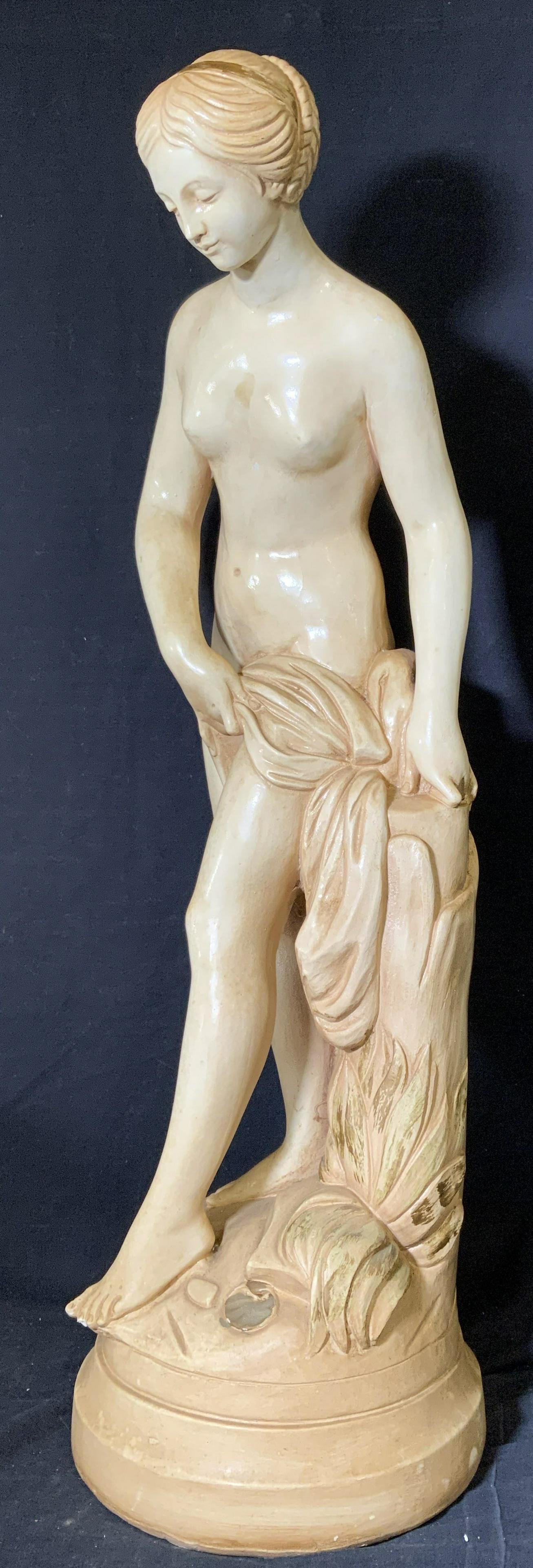 Greco Roman Style Nude Woman Ceramic Statue: Greco Roman Style Nude Woman Ceramic Statue, no hallmarks, measures 11 w x 36 h inches, wear to feet, chipping and small glaze cracks throughout, Art, wall art, artwork, home decor, ceramic, ceramic s