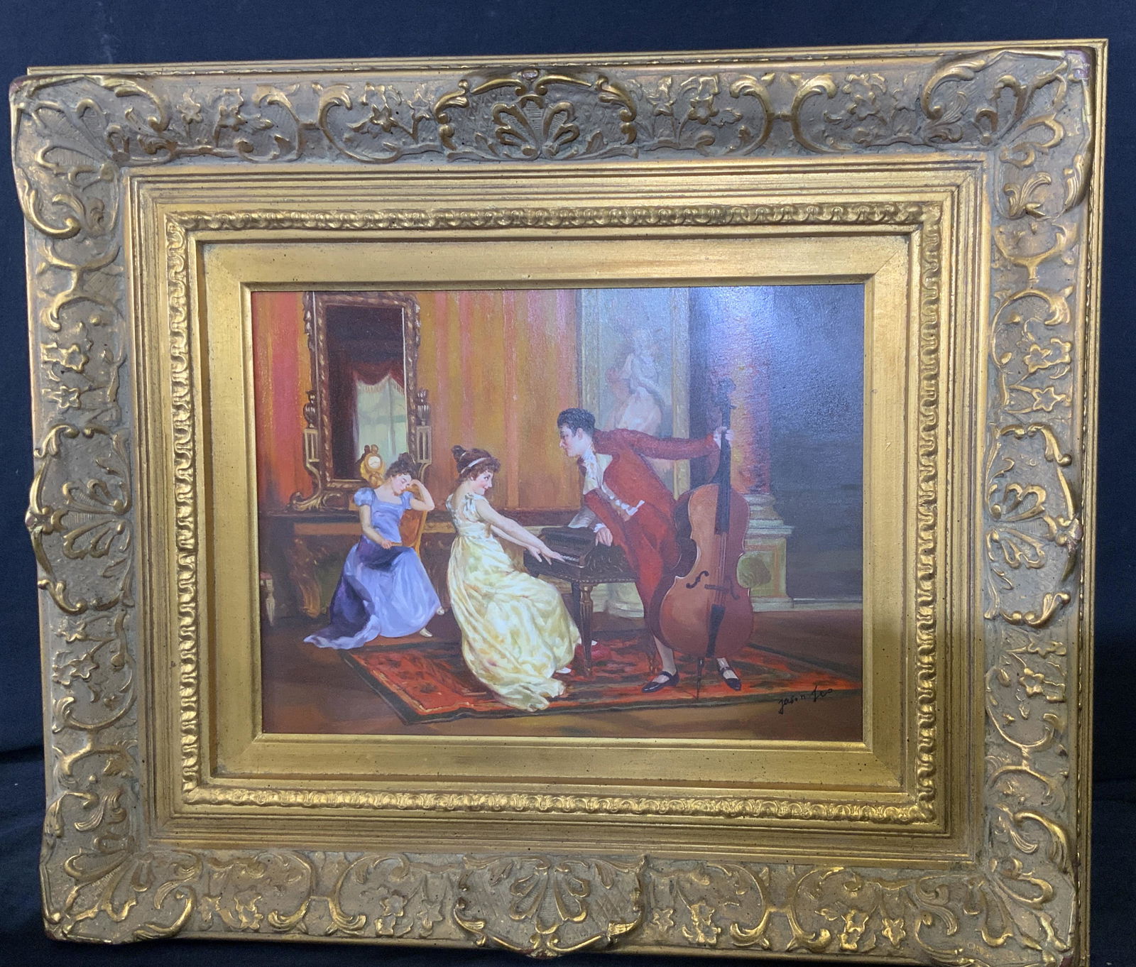 JASON LEO Signed Oil on Canvas: JASON LEO Signed Oil on Canvas, signature to lower right reads JASON LEO, a genre scene possibly taking place during the 1800s likely due to fashion, a young man and woman are seen playing a piano whi