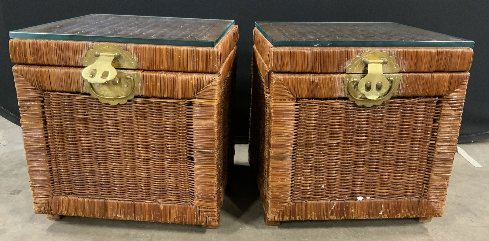 Pair Woven Wicker Rattan Chests w Glass Top (1 of 13)
