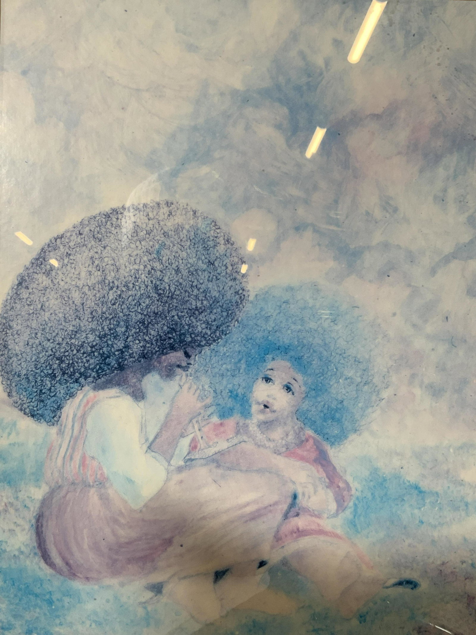 Framed Lithograph of 70s Smokers: Framed Lithograph of 70s Smokers, no signature to piece, shows two individuals smoking, measures 18 x 22 inches, gold toned wood frame, surface wear to frame, professionally framed, not examined out o