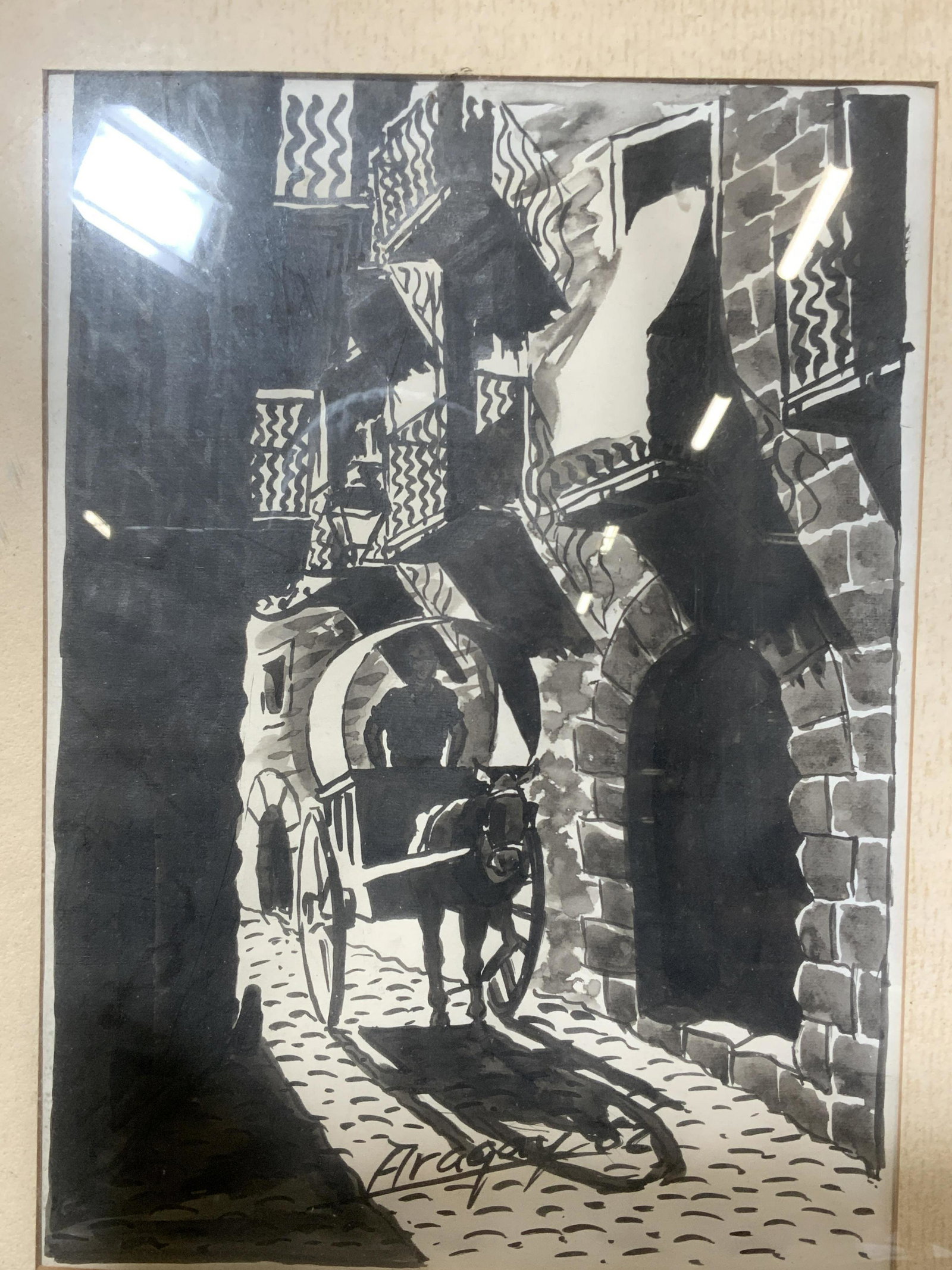 Vintage Signed Ink Artwork of Horse Carriage (1 of 7)