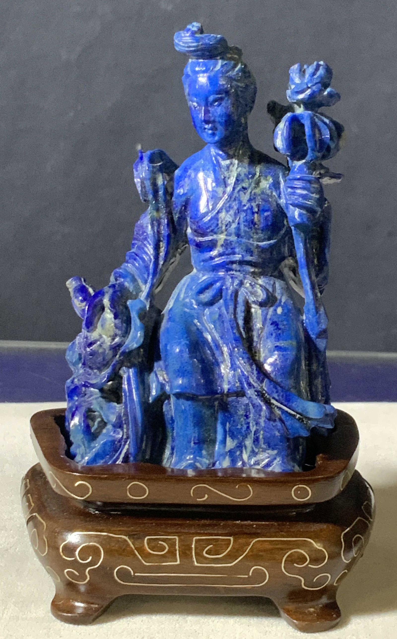 Lapis Lazuli Carved Asian Deity on Asian Stand, HK (1 of 9)