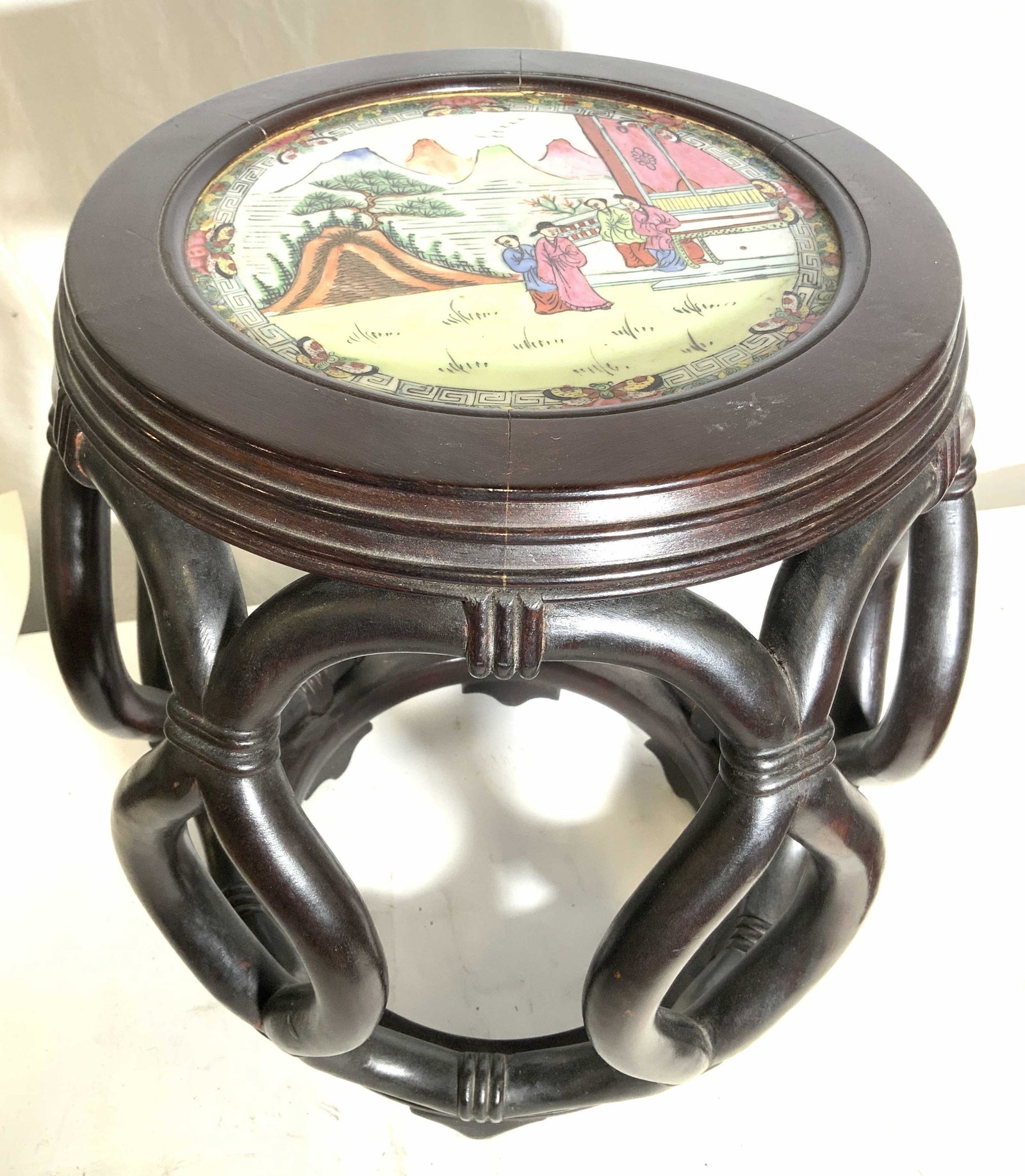 Vtg Asian Wooden Stool W Handpainted Porcelain Top (1 of 10)