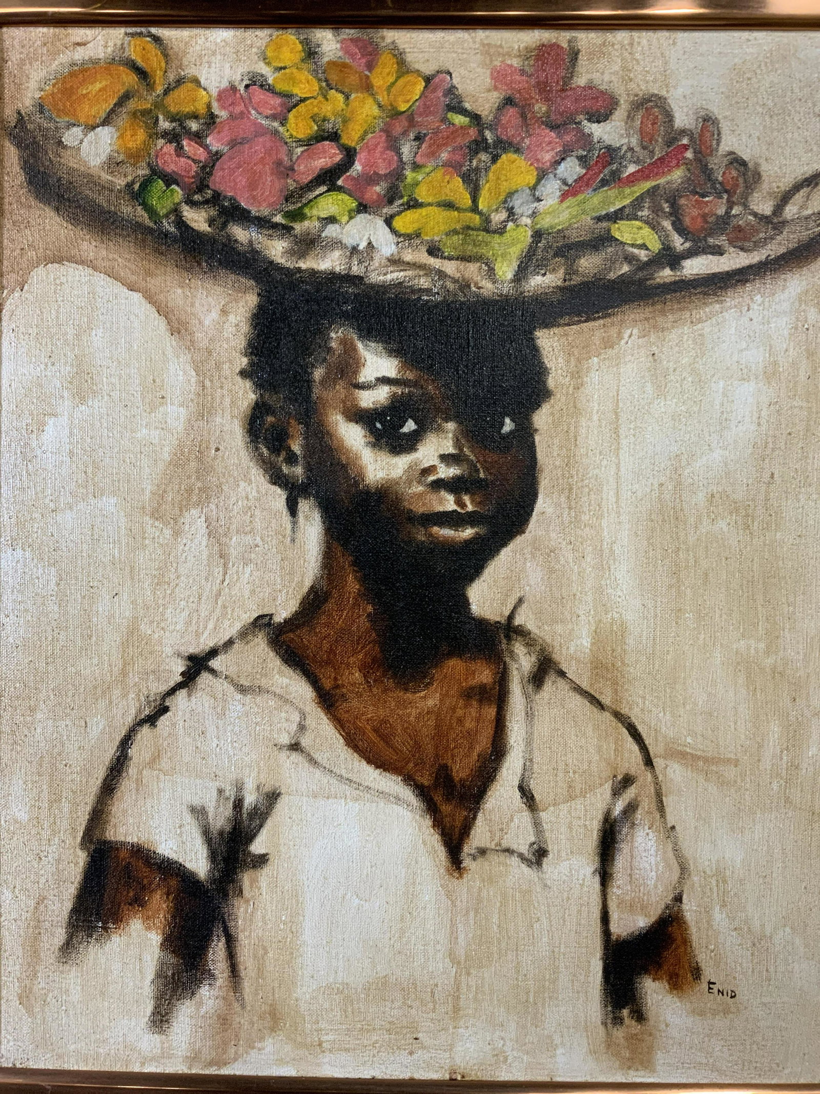 ENID Signed Oil on Canvas of Girl w Fruit Basket (1 of 10)