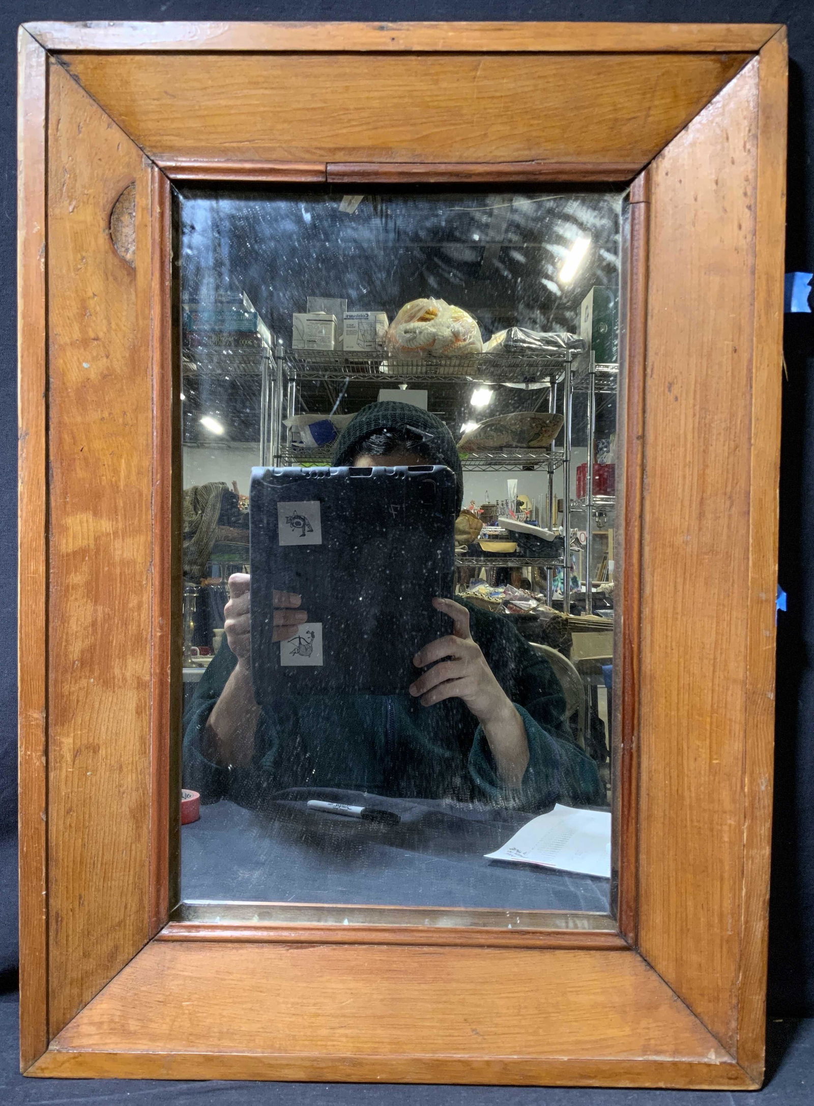 Antique 19th C. Style Wood Mirror: Antique 19th C. Style Wood Mirror, measures 16 x 22 3/4 inches, secured with tape, may need repair/refastening. Antique mirror, antique mirrors, Mirrors, home decor, decorative mirrors, wall decor, be