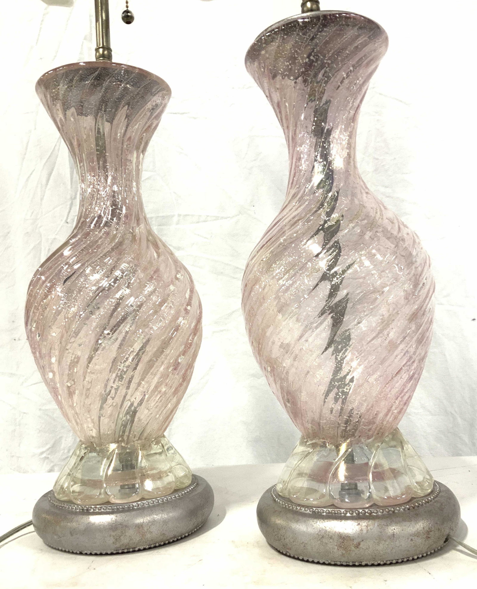 Pr Pink Spiral Murano Glass Lamps w Shades (1 of 17)