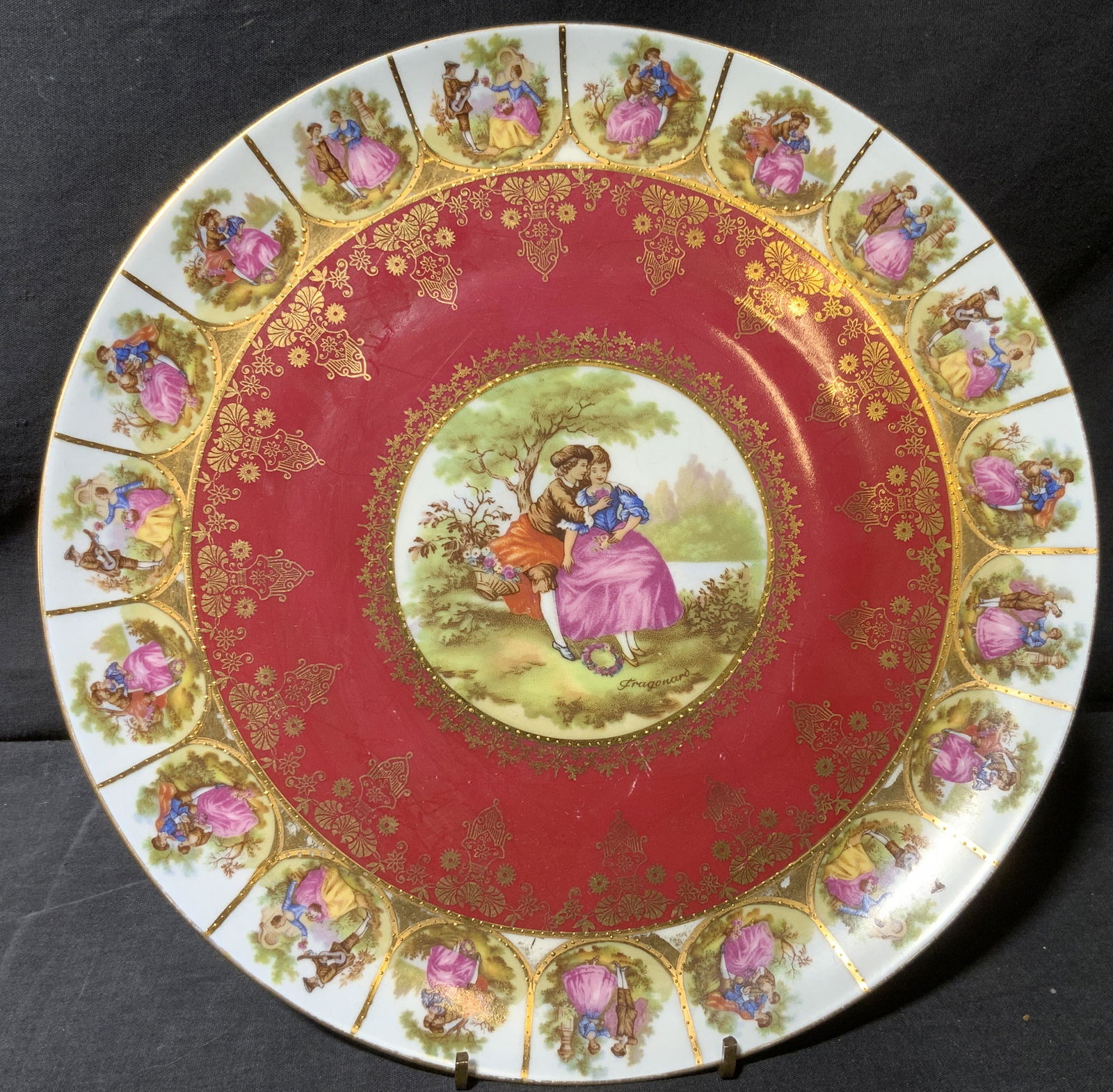 SCHAFFER Antique Porcelain Fragonard Dish, Germany: SCHAFFER Antique Porcelain Fragonard Dish, Germany, Rococo Style Plate, inscription to center reads Fragonard, ornate gilt detailing, Fragonard artwork featured in center and around the edge, verso re