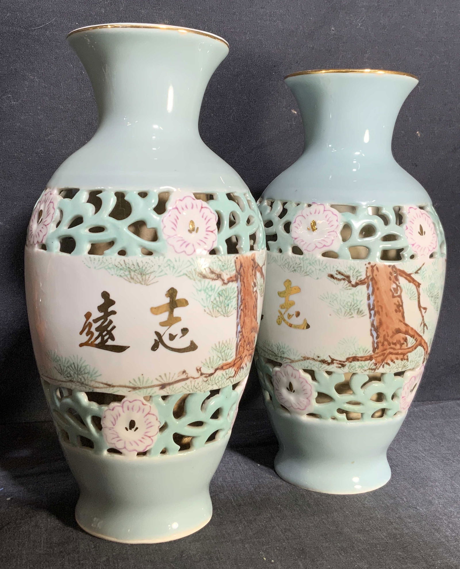 Pair Hand Painted & Carved Korean Porcelain Vases (1 of 7)