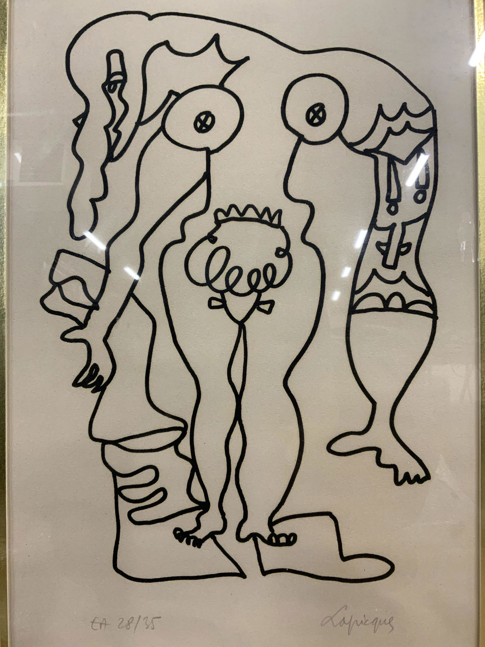 CHARLES LAPICQUE Ink line Illustration: CHARLES LAPICQUE Ink line Illustration of Figure, inscriptions to lower left read E.A. 28/35, artist signature to lower right reads LAPICQUE, verso reads The Art & Frame Shop, shows an abstracted line