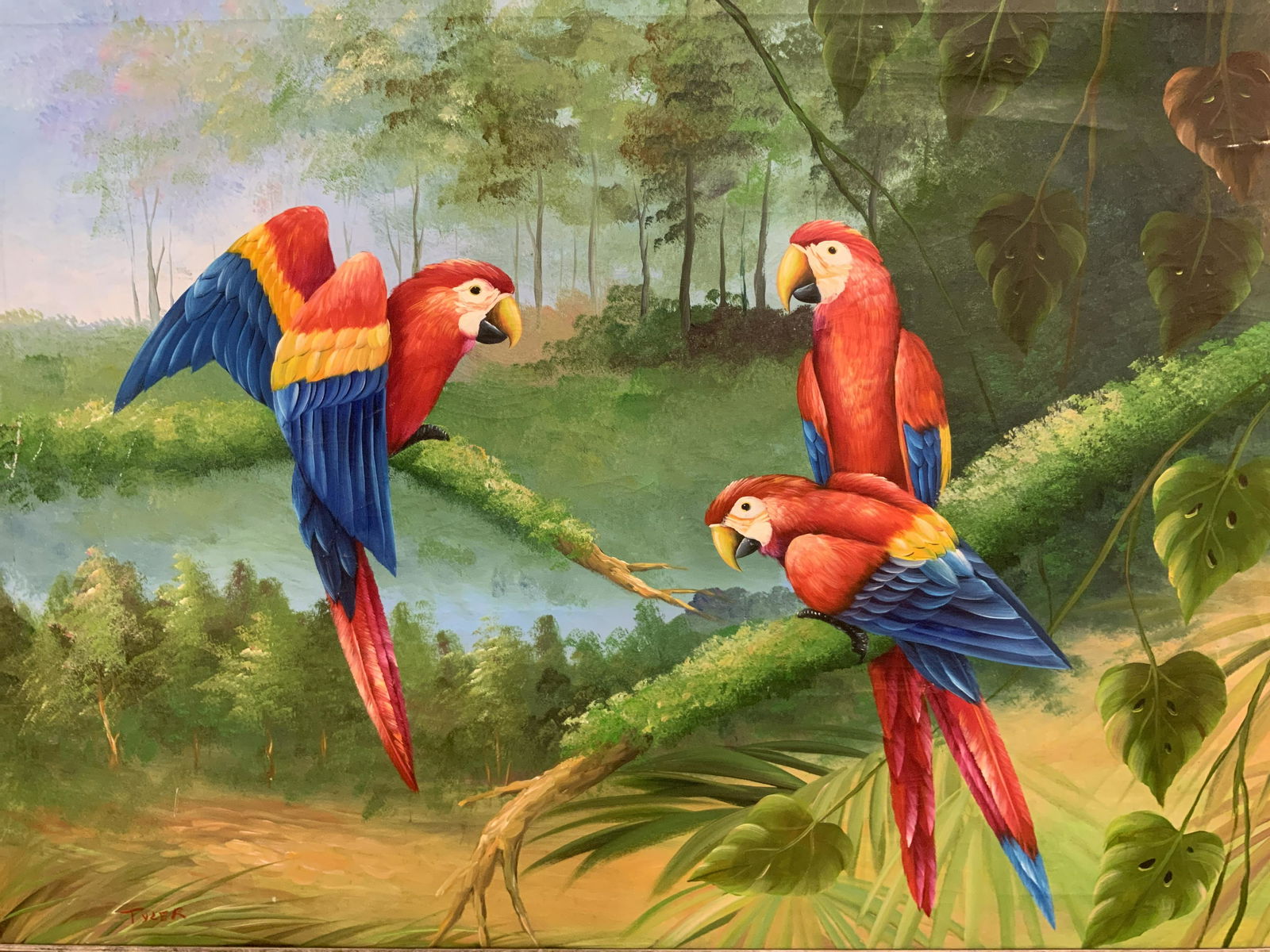 TYLER Signed Oil on Canvas of Macaws on Branches (1 of 10)