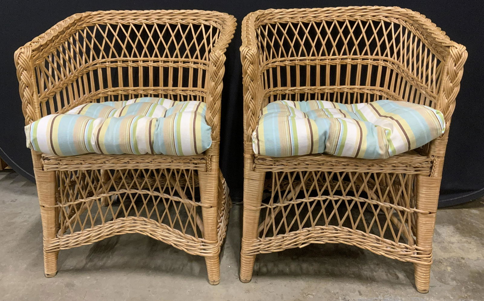 Pair Woven Wicker Armchairs w Cushions (1 of 11)
