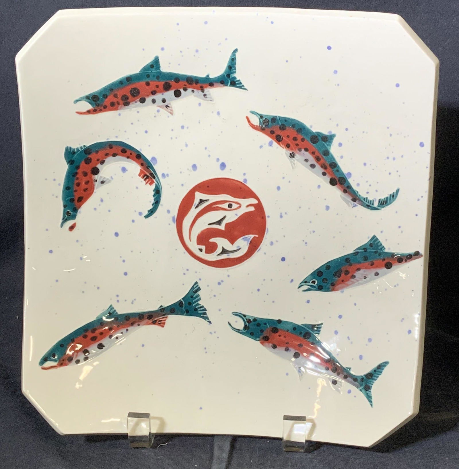 Signed Ceramic  Footed Dish with Salmon Motif (1 of 7)