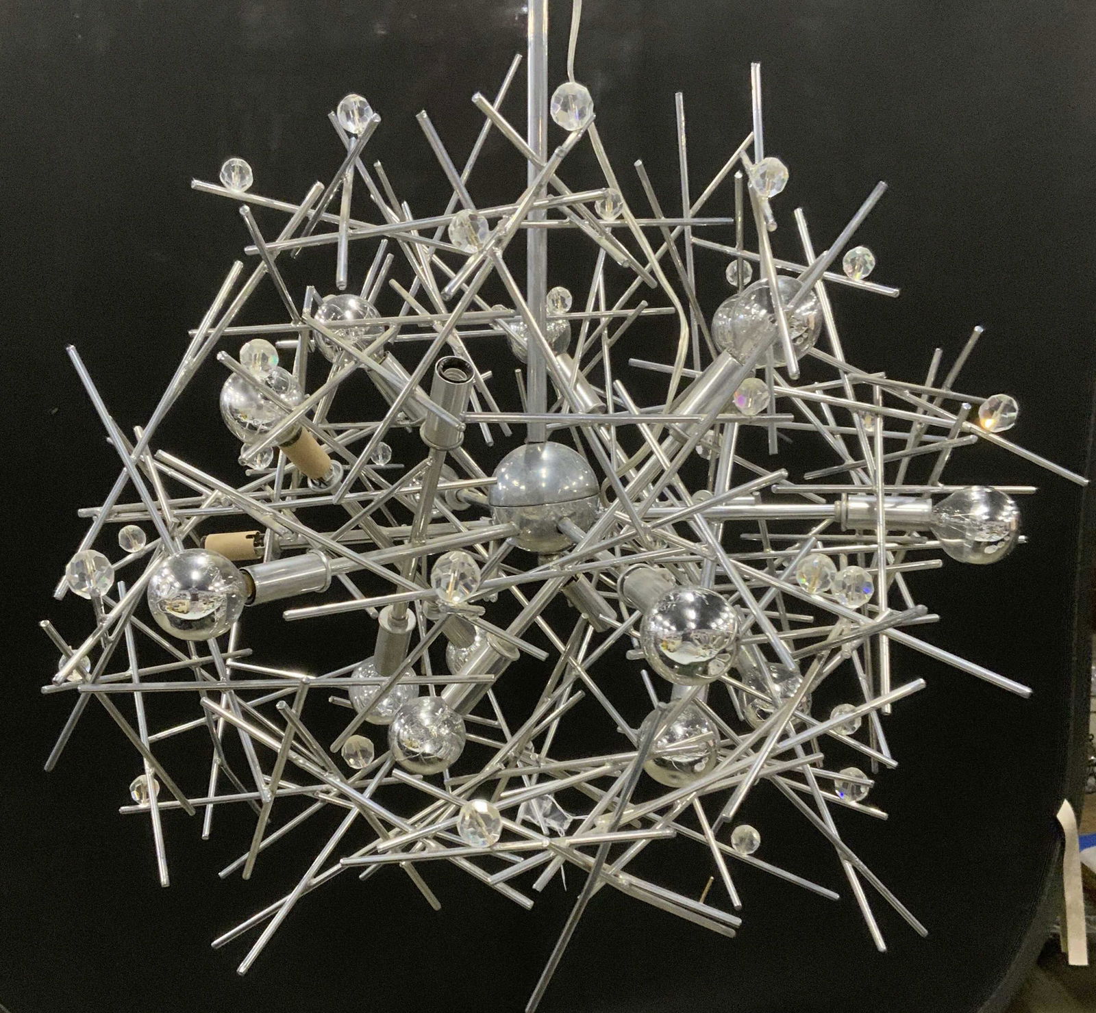 MCM Angular Momentum LOU BLASS Chandelier: MCM Sputnik Chrome, Angular Momentum Chandelier, by Lou BLASS. Measures approx 37 x 26 inches. Property of a Palm Beach Florida Estate. Surface wear including scuffs and scratches to finish.Lou Blass