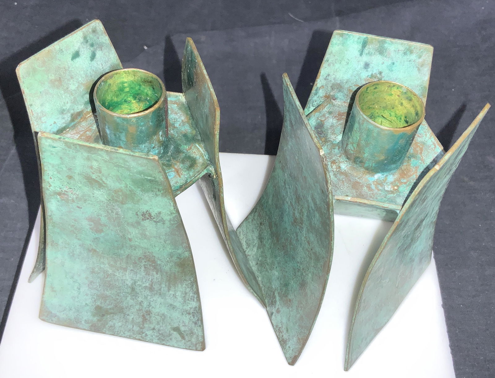 Pair Brutalist Antiqued Metal Candlesticks (1 of 8)