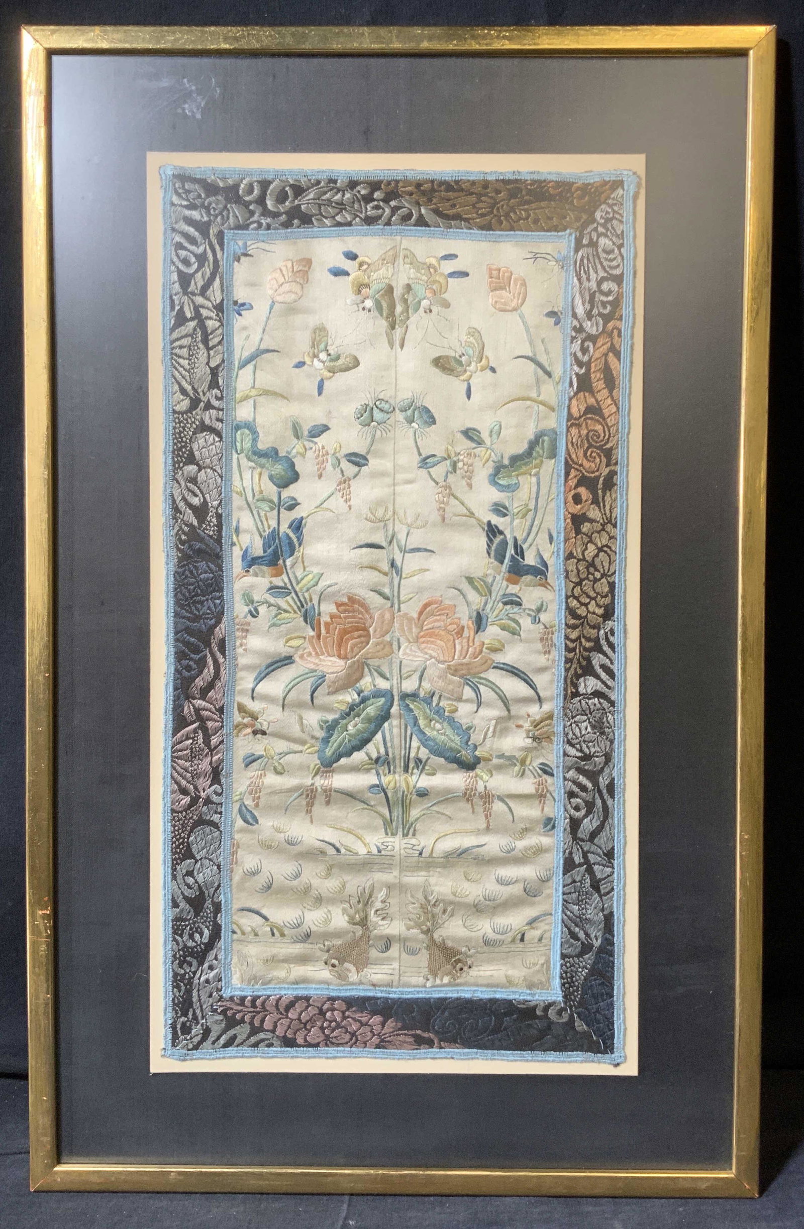 Framed Asian Embroidered Flowers on Silk Textile (1 of 7)