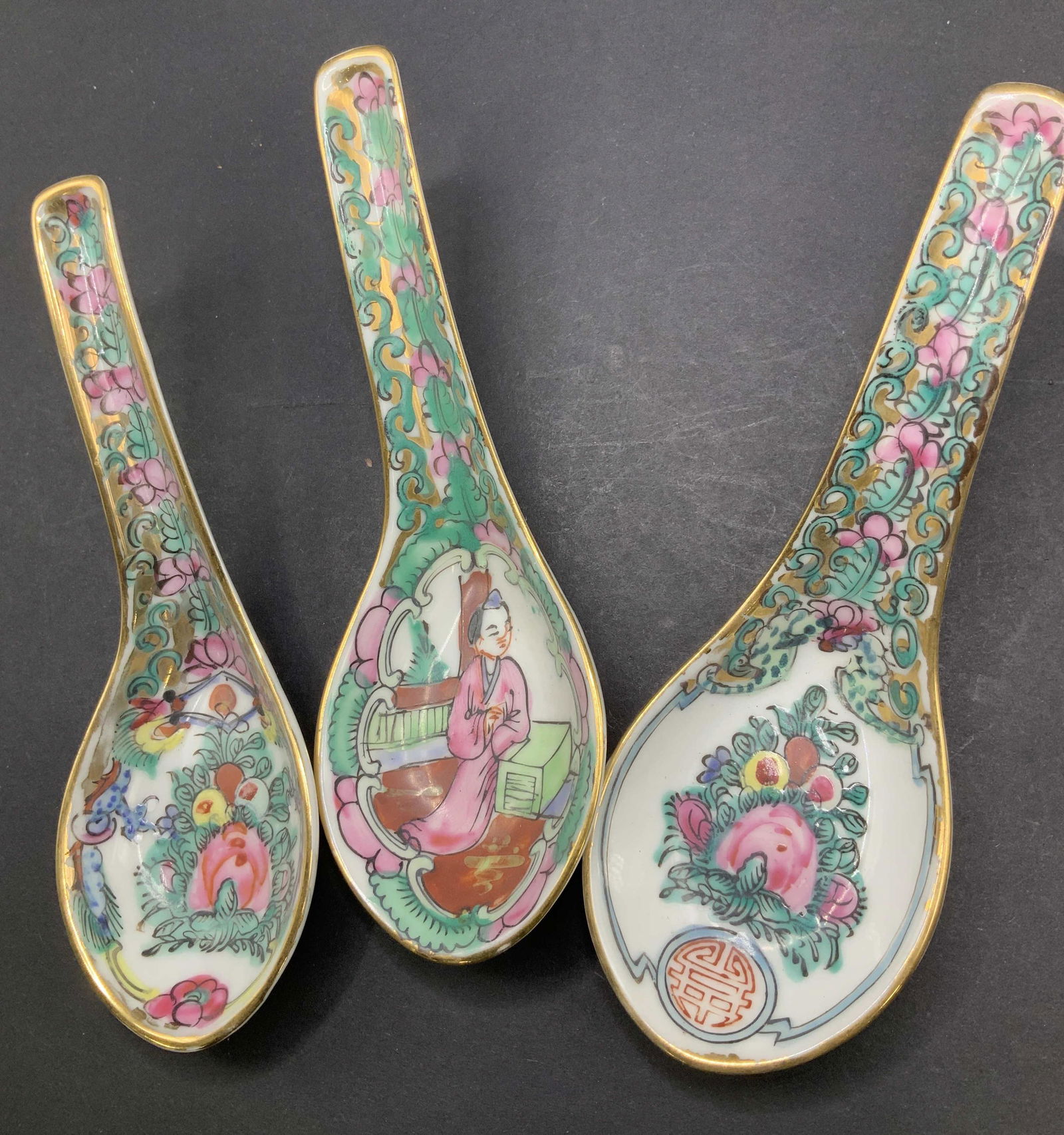 Set 3 Hand Painted Chinese Porcelain Soup Spoons (1 of 6)