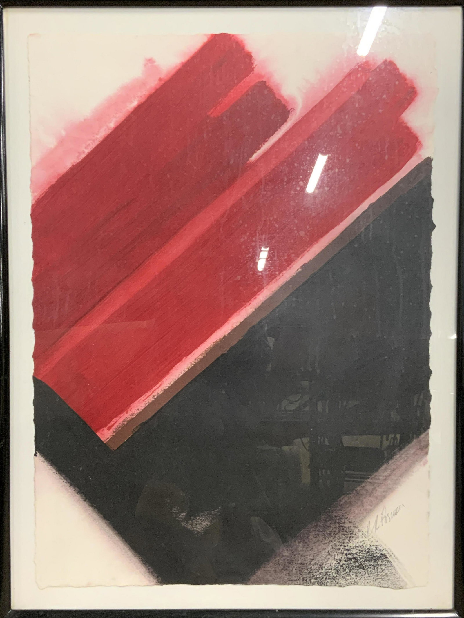 Abstract Minimalist Watercolor Painting: Abstract Minimalist Watercolor Painting, inscription to lower right is illegible, subject shows wide red watercolor brush strokes against flat black medium, done on water color paper, window measures 