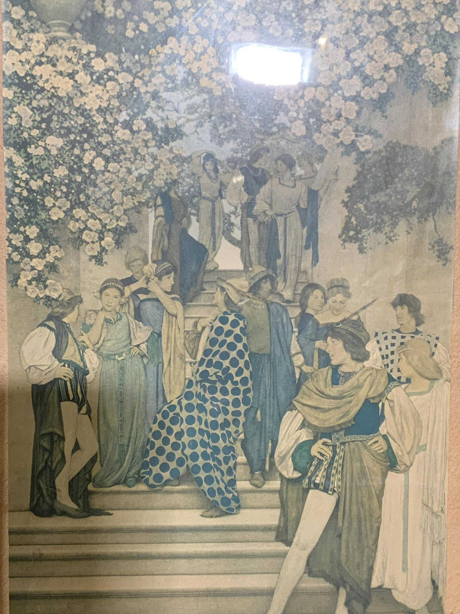 Renaissance Style Lithograph: Renaissance Style Lithograph, no apparent signatures, shows Renaissance era people with traditional clothing on stairs covered in flowers, measures 10 3/4 x 17 1/2 inches, black toned wood frame, surf
