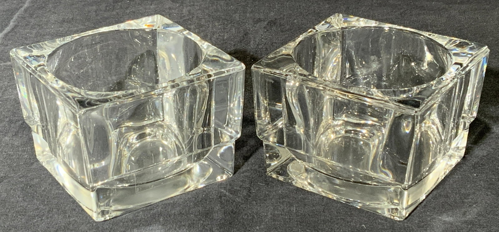 Pair Lead Crystal Vessels: Pair Lead Crystal Vessels, square shaped crystal vessels with circular compartment, 24% lead crystal, measures approximately 2 1/4 inches L x 3 1/4 inches w x 2 inches deep, Property of Manhattan, New