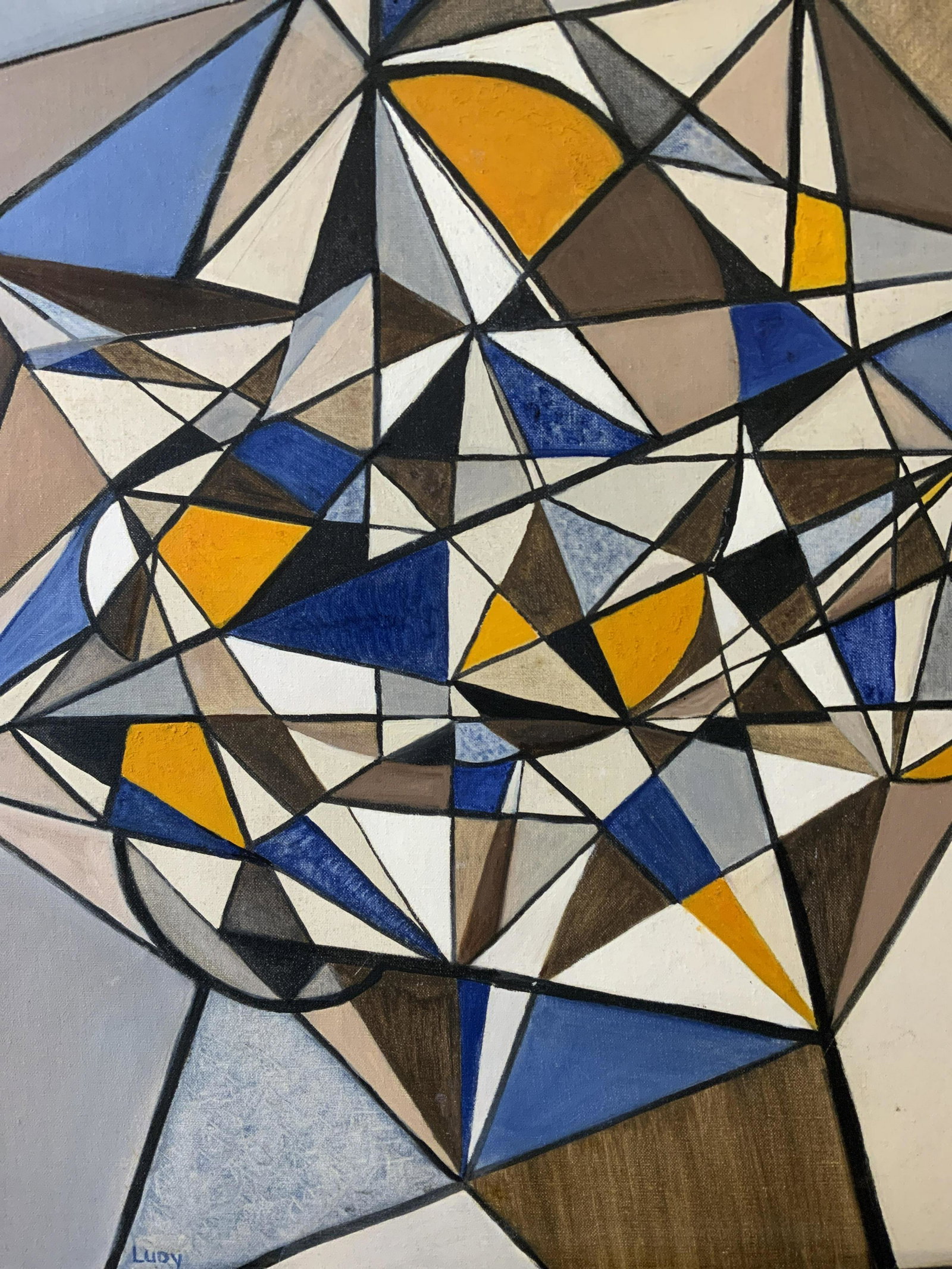 LUDY ROBINSON PEREZ Cubist Acrylic Panel Artwork: LUDY ROBINSON PEREZ Cubist Acrylic on Panel Artwork, signature to lower left reads LUDY, verso reads 2008…TRAPPED IN TRAINGLES…LUDY ROBINSON PEREZ, shows varying size and color shapes in a bust st