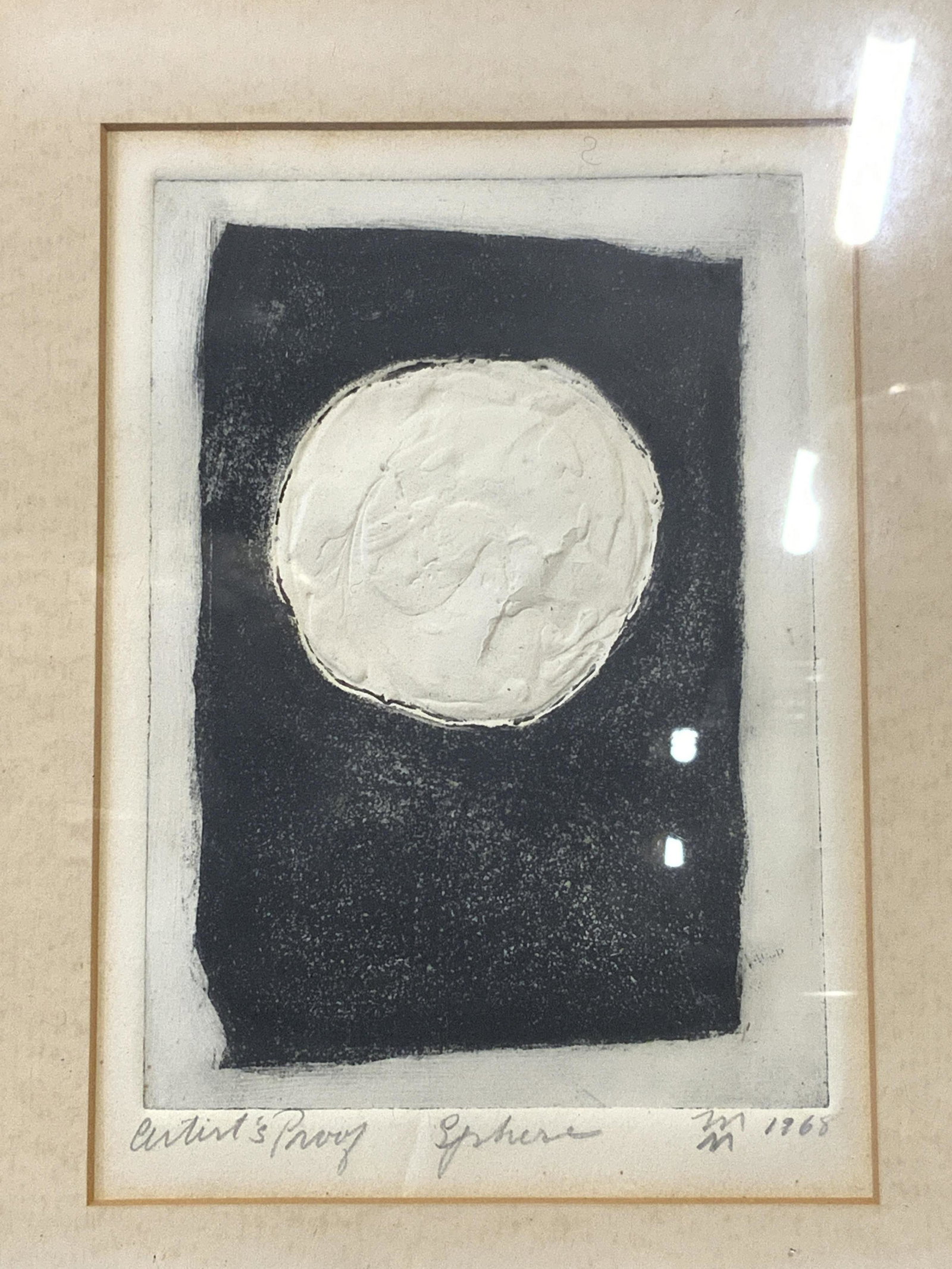 Artist Proof Minimalist Sphere Etching on Paper: Vintage Minimalist Sphere Painting on Paper, inscription to lower left reads Artists Proof, lower center inscription reads Sphere, and lower right inscription reads MM 1968, possibly by artist named M