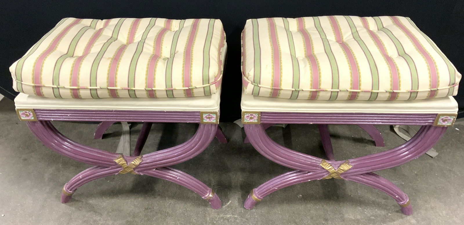 Pr Vintage Wooden Footstools W Tufted Cushions (1 of 9)