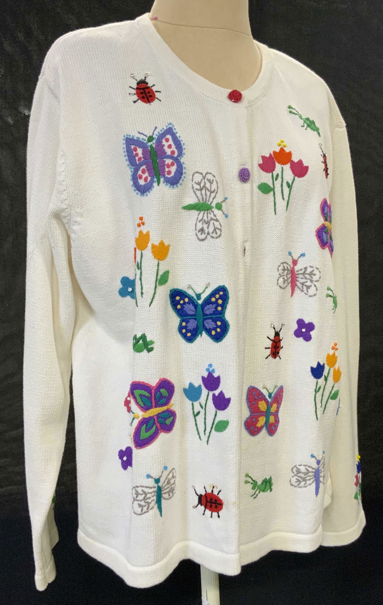 TALBOTS XL Vintage Embroidered Cotton Cardigan: TALBOTS Vintage Embroidered Cotton Cardigan, size XL, heavy cotton, colorful fabric buttons, floral motif with butterflies and ladybugs, shoulder pads, crew neck, designer label attached, some blemish
