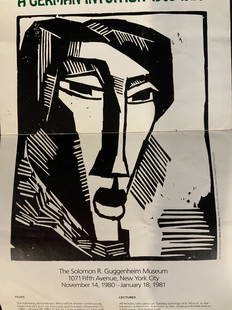 Vintage Expressionism Guggenheim Advertisement: Vintage German Expressionism Exhibition Guggenheim Advertisement, Inscriptions in English describing the events of the exhibition, woodcut of an abstracted woman by Karl Schmidt Rottluff, measures 29