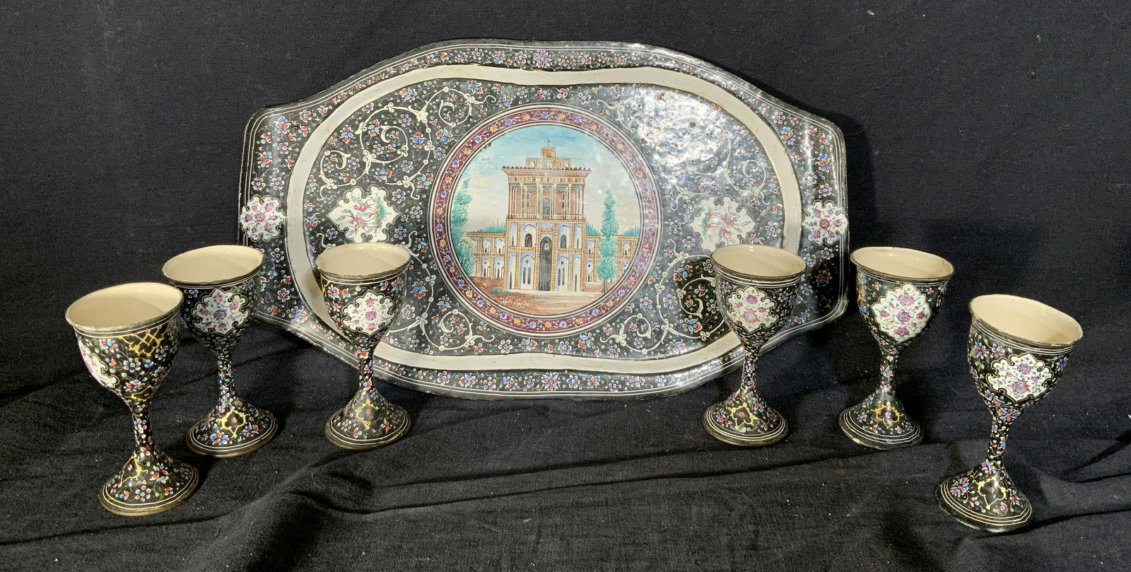 Vntg Persian Enamel Painted 6 Copper Cups & Tray (1 of 6)