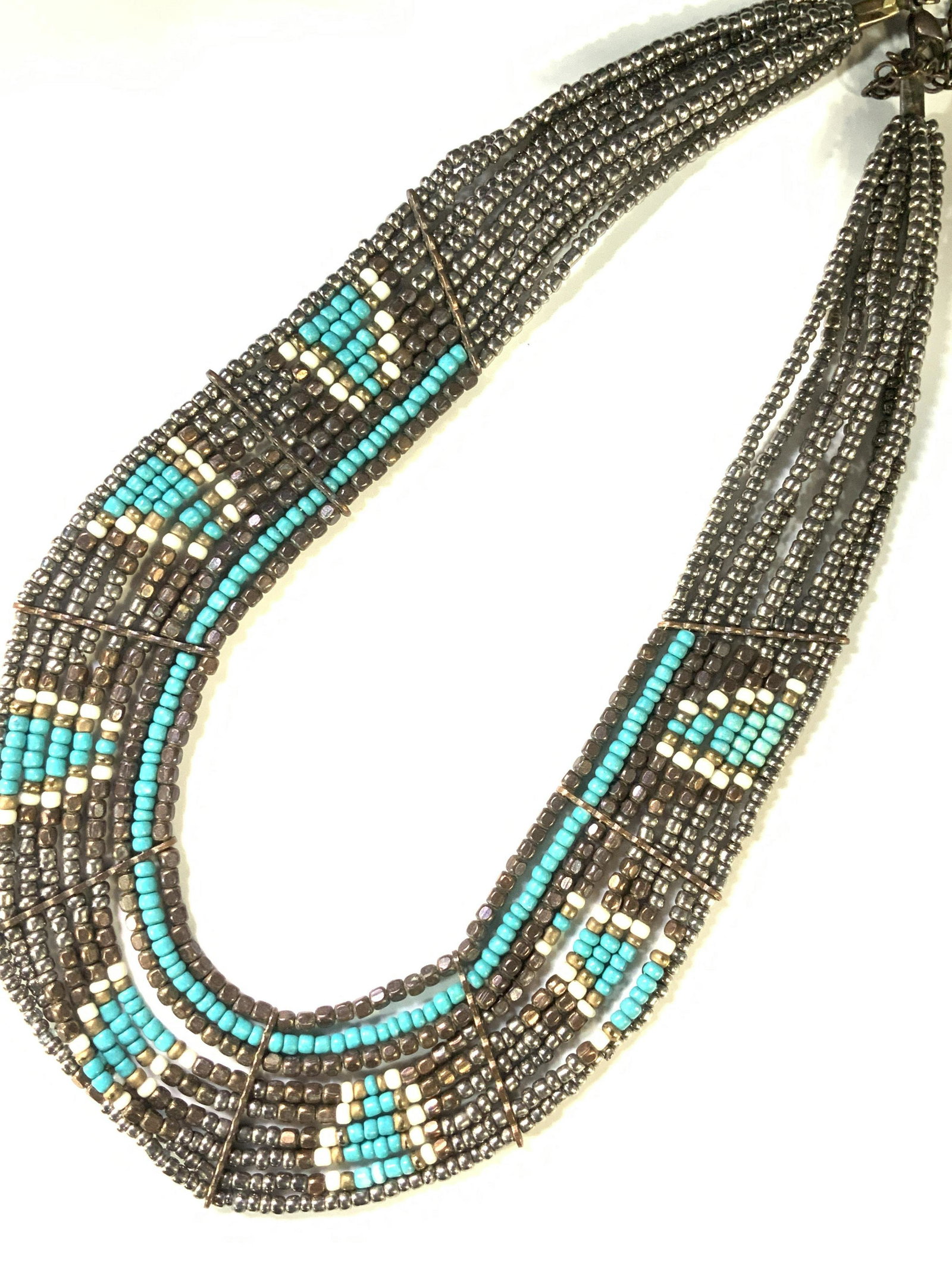 EXPRESS Beaded Collar Necklace: Adjustable necklace with thick band of seed beads in metallic silver, turquoise, bronze and white. 1 in wide. 15-18 in. L Signed charm Express Beaded Jewelry, choker necklace, Collar necklace, Contemp