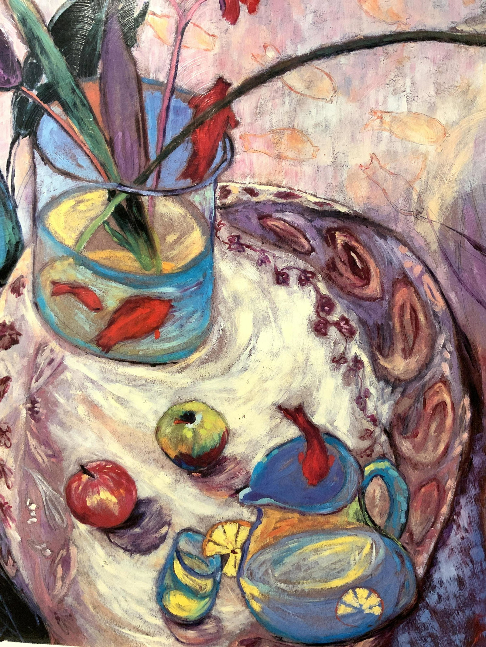 Floral Still Life with Fruits and Fish Bowl Print: Floral Still Life with Fruits and Fish Bowl Print on Panel, with clear textured gesso in swirl patterns, no apparent inscriptions to piece, subject a floral still life in cool tones with highlights do