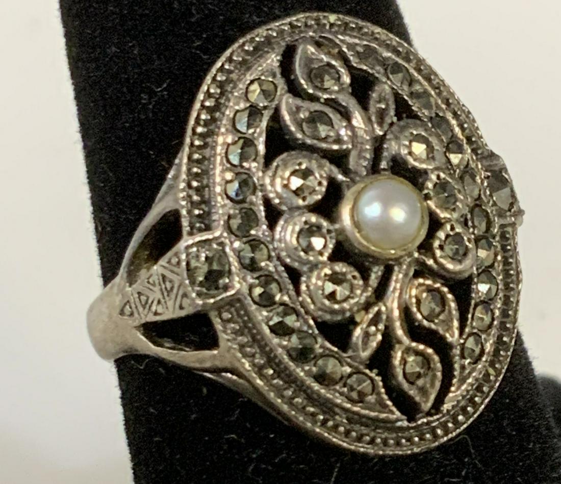Antique Art Nouveau Marcasite Sterling Ring: Pierced Metal Oval Ring with center pearl, intricate openwork with shiny Marcasite. Hallmarked Sterling inside of band. Sz 7. Possibly antique. .15 ozt Vintage Jewelry, ANTIQUE Ring, Marcasite and pea