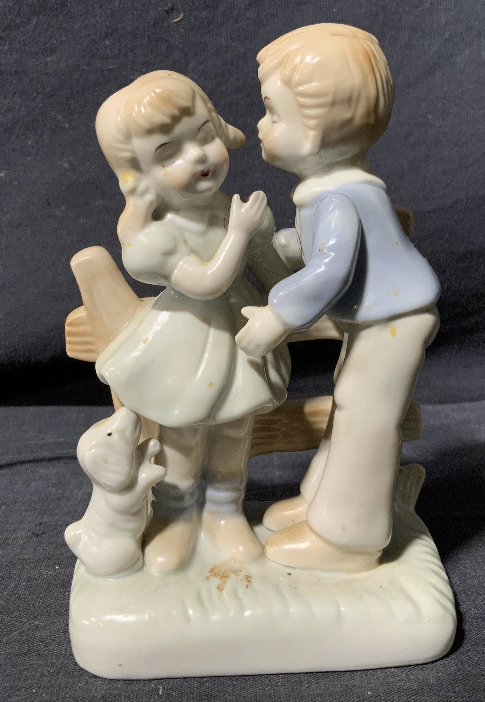 Vintage Porcelain Little Boy & Girl, Korea: Vintage Porcelain Little Boy & Girl, Korea, measures 4 1/4 long x 2 wide x 5 inches tall, Property of Manhattan, NY estate. Art, antique, antique tabletop art, antique tabletop accessories, tabletop a