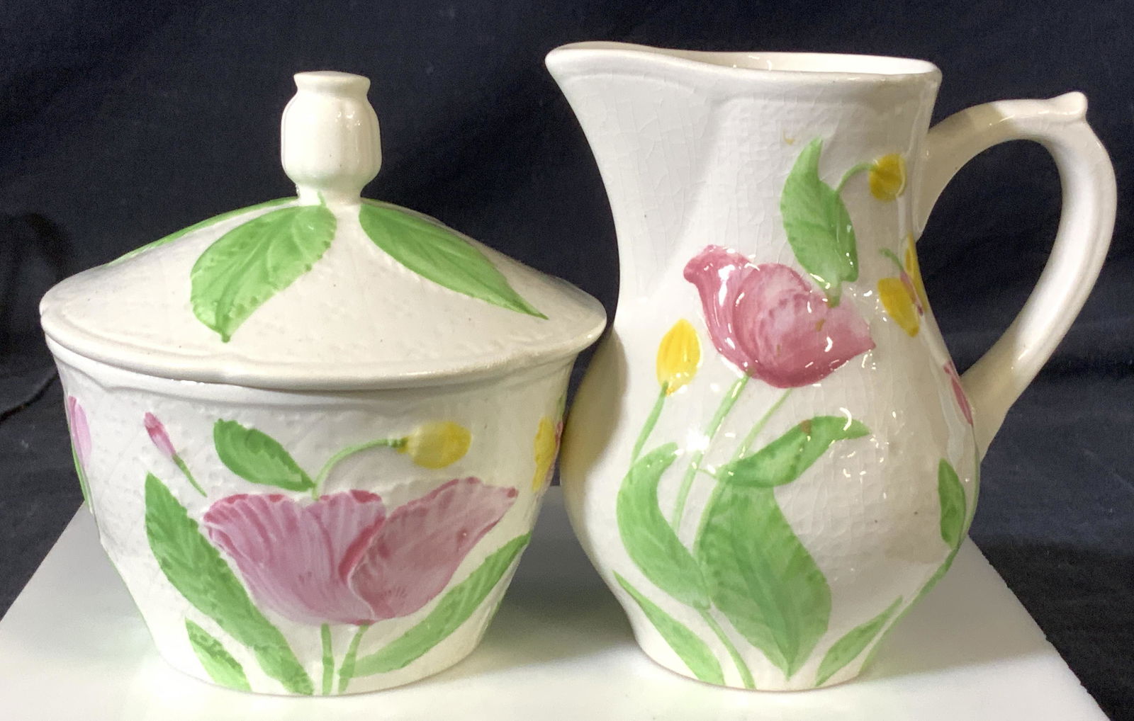 GIEN FRANCE Deauville Ceramic Creamer, Sugar Bowl: Hand Painted Sugar Bowl w Lid and Creamer, GIEN FRANCE Deauville Pattern, part of the RFB CONNOISSEUR COLLECTION. Tulip and butterfly pattern in relief. Mild Glaze crazing , Made in France. Creamer 4.