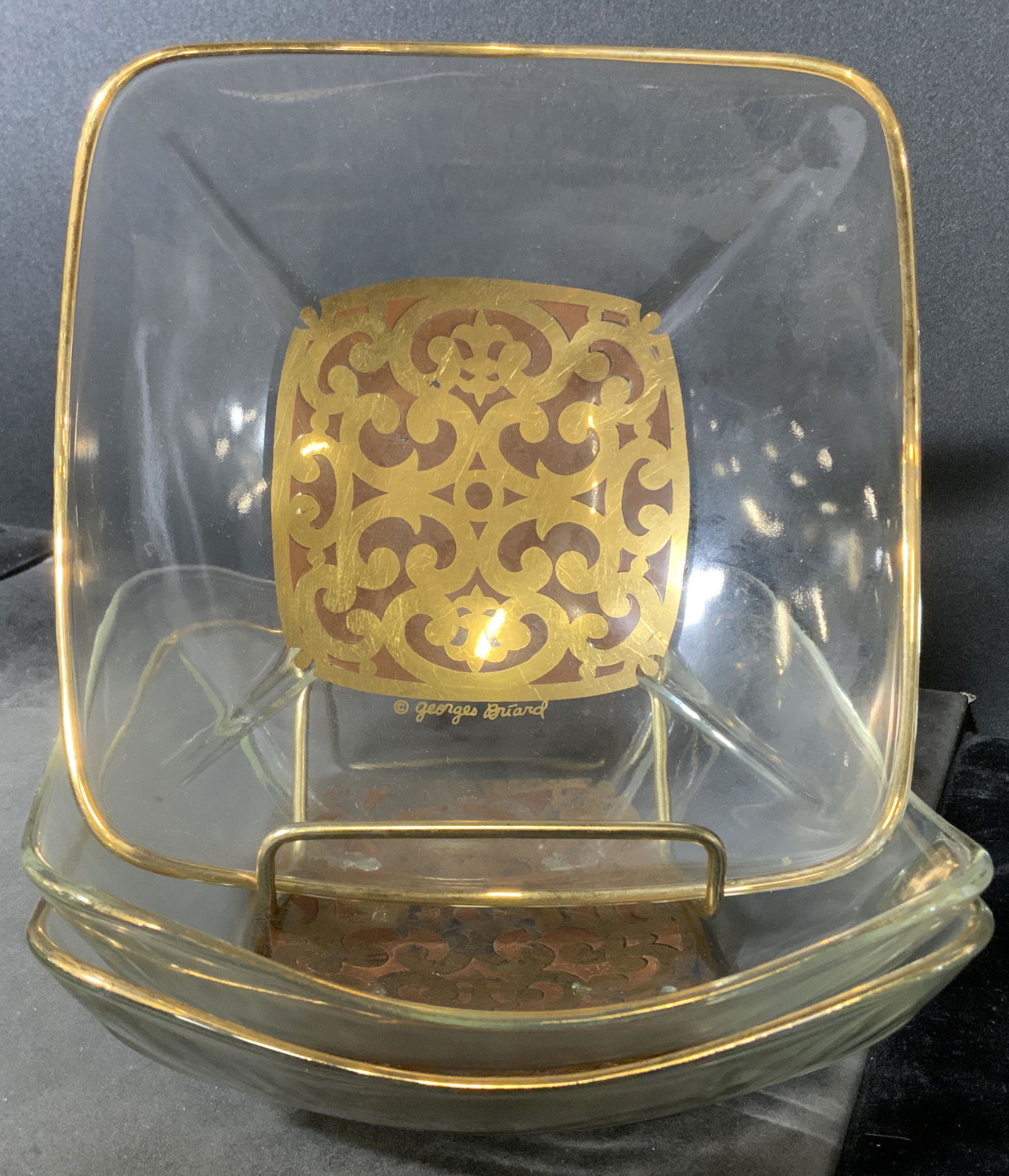 Lot 3 GEORGES BRIARD Glass Bowls: Lot 3 GEORGES BRIARD glass bowls. Wells and rims decorated with gilt paint. Wells read as GEORGES BRIARD. Wear is consistent with age and use. Surface wear, chipping of paint present. Each measures ap