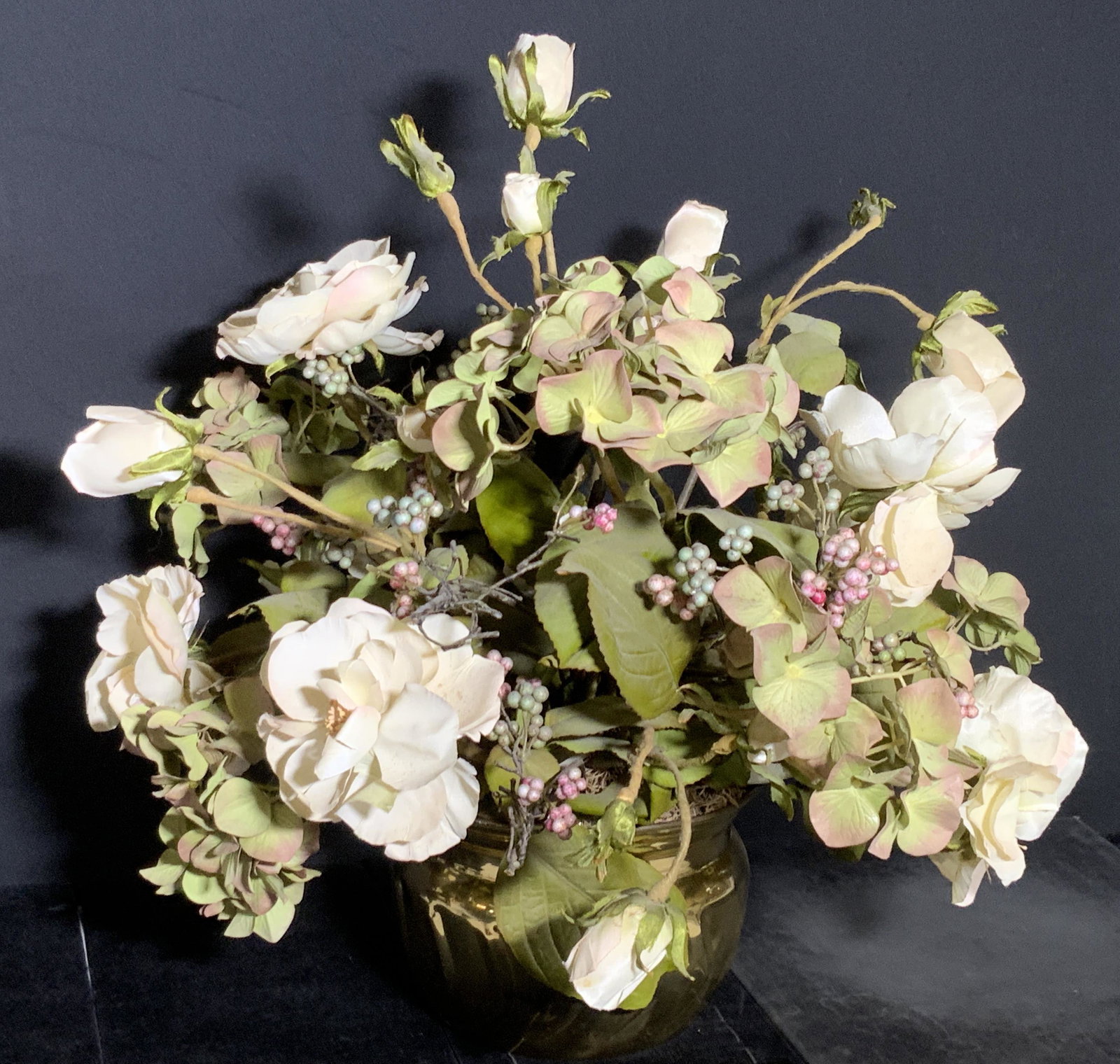 Faux Florals W/ Brass Toned Metal Planter / Vase (1 of 11)