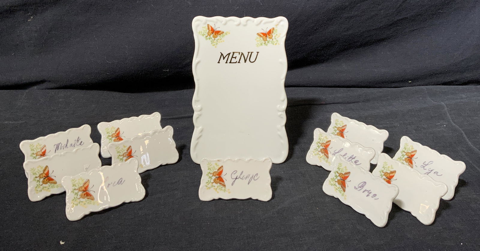SHAFFORD Porcelain Menu & Name Tags: Porcelain Menu & Name Tags With Butterfly motif, menu measures 3 1/2 x 5 3/4 inches, Property of Manhattan, NY estate. Porcelain, porcelain menu, porcelain name tags, porcelain menu card, server ware,