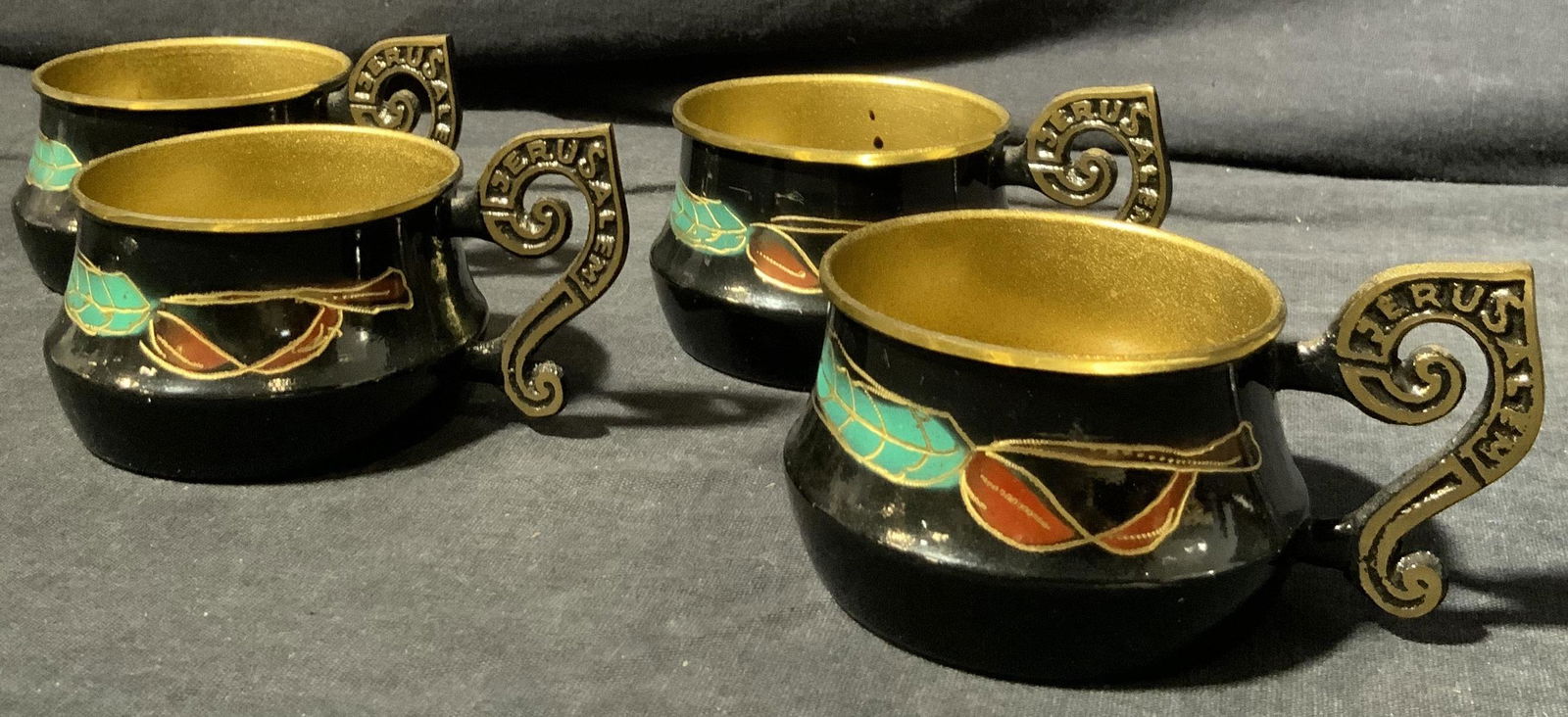 JERUSALEM Vintage Enamelware Tea Cup Set: JERUSALEM Enamelware Tea Cups, arm reads Jerusalem, measure 4 x 2 1/8 inches. Property of Manhattan, Ny estate. Enamelware, teacups, enameled tea cups, tea cup set, vintage tea cups, Jerusalem, Jerusa