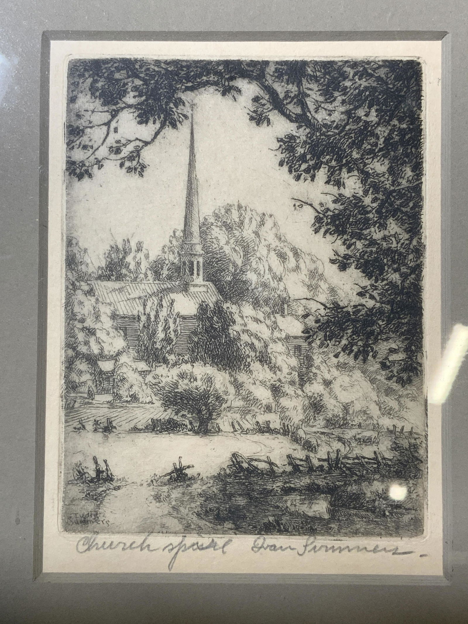 IVAN SUMMERS Antique Signed Etching of Church Spire (1 of 7)