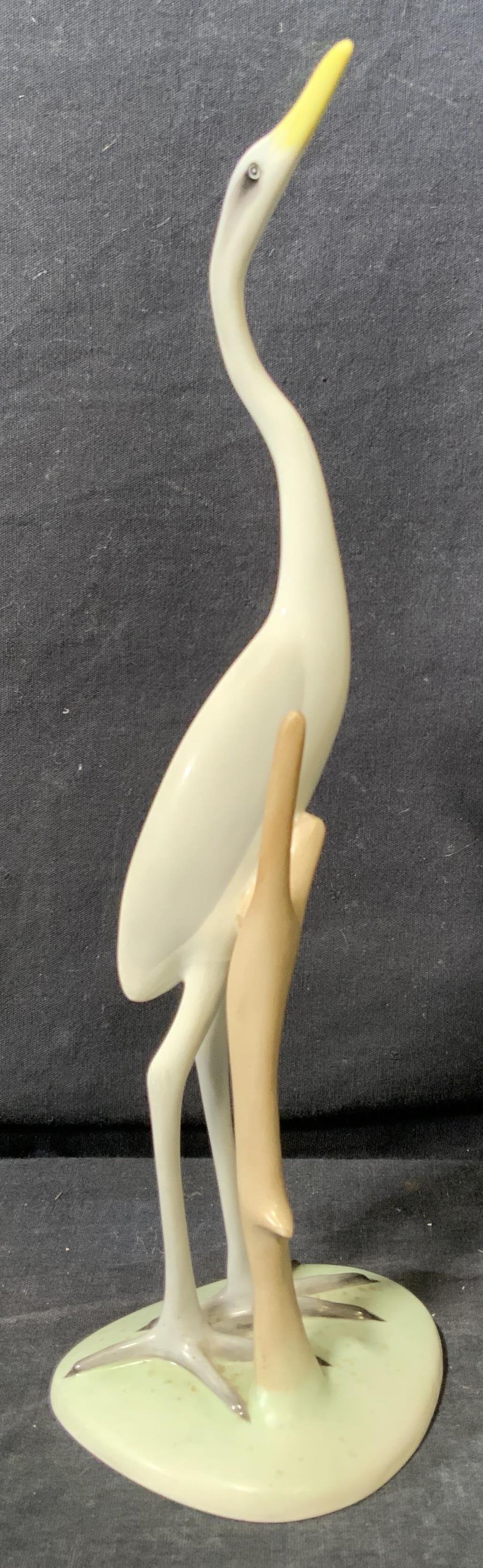 BUDAPEST AQUINCUM Porcelain Crane Figurine: BUDAPEST AQUINCUM Porcelain Crane Figurine, stamp to underside reads BUDAPEST AQUINCUM, measures 4 inches wide x 11 3/4 inches tall. Art, antique, antique tabletop art, antique tabletop accessories, t