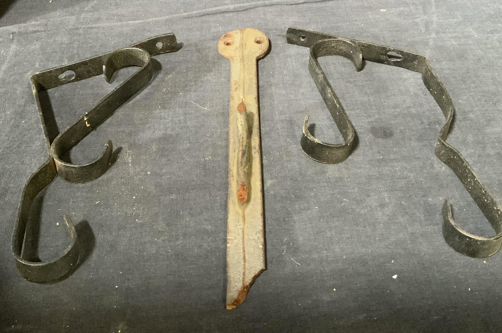 Lot 3 Metal Coat Hooks: Lot 3 Metal Coat Hooks, measure approx 9 inches long, wear consistent with age and use. Hooks, coat hooks, key hooks, metal hooks, antique, antique hooks, antique coat hooks, vintage hooks, vintage co