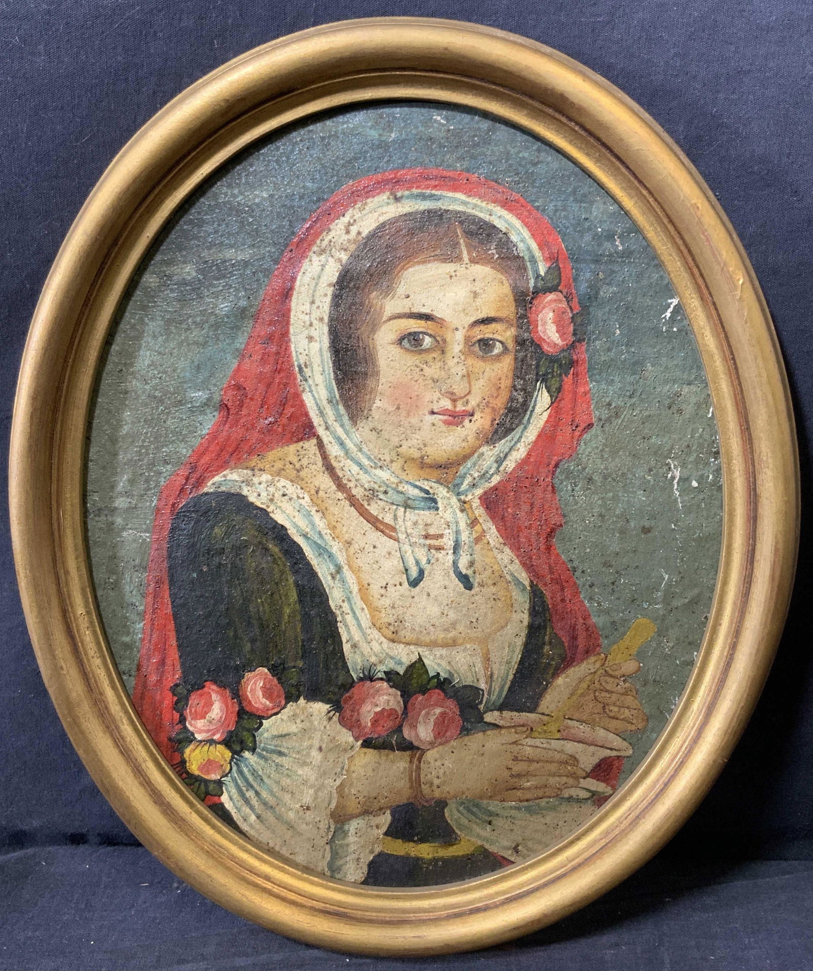 Framed Irani Woman Oil on Board: Framed Irani Woman Oil on Board, verso stamp illegible, shows an irani woman holding a tea cup in her hand, measures 11 1/2 inches x 13 1/2 inches, gold toned wood frame, surface wear to frame, profes